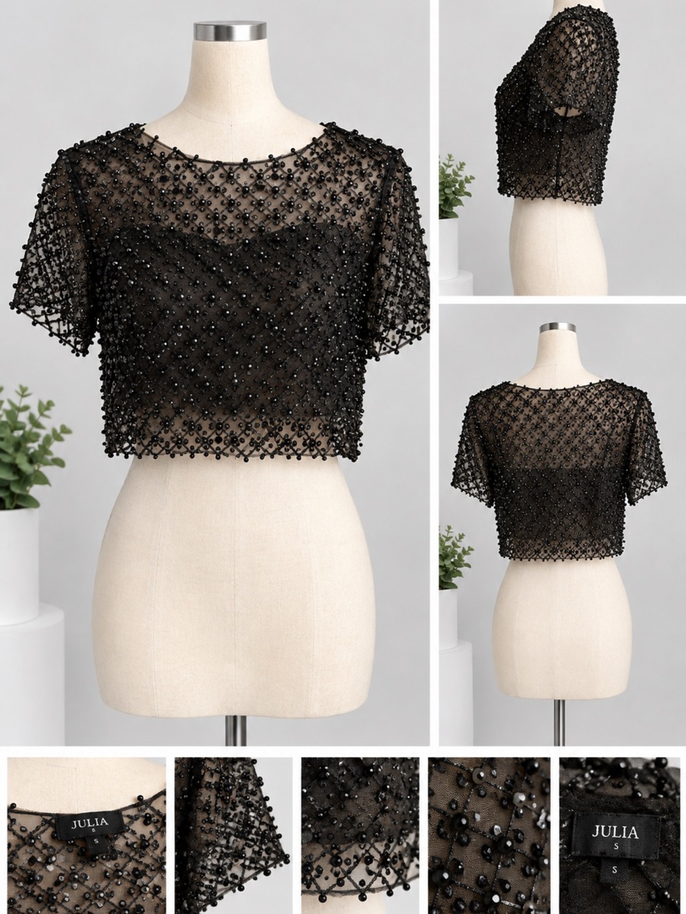 Julia Black Beaded Sheer Crop Top